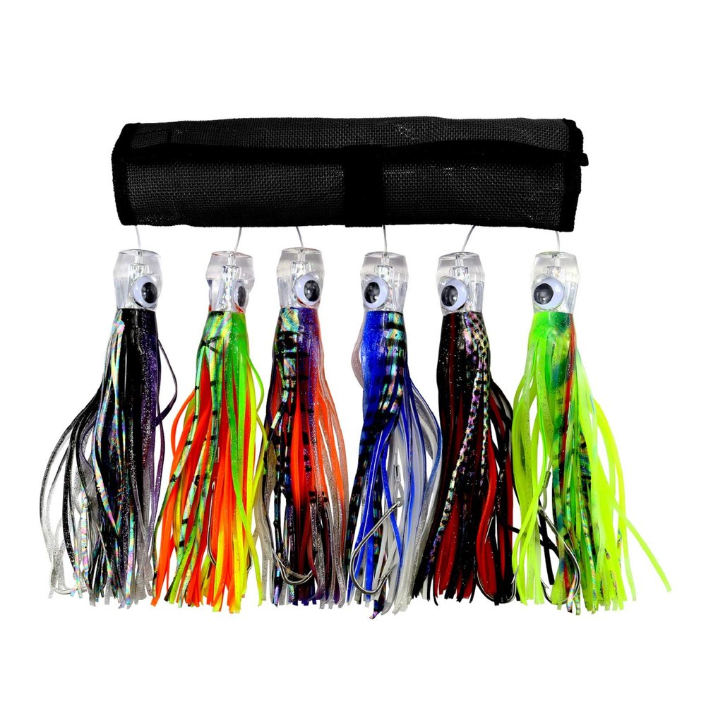 6 Pcs/Bag Jet Head 8.5 inch Trolling Lures Hooks Tuna Feather Comboset Nylon Bag Offshore Fishing Lure Rigged Circle Hook & Hoochie Octopus/Squid Skirts for Catching Mahi, Tuna (combined color, 8.5)