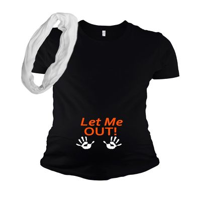 Funny Halloween Maternity T Shirt - Let Me Out (Small, Black)