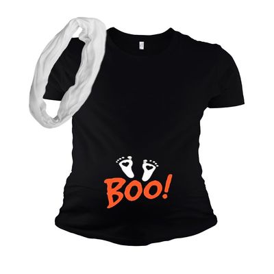 PandoraTees Halloween Maternity Tshirt - Boo (Large, Black)