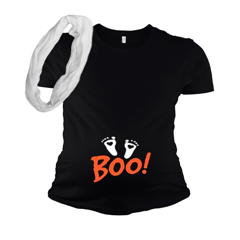 PandoraTees Halloween Maternity Tshirt - Boo (Large, Black)