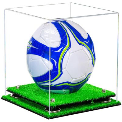Better Display Cases Acrylic Display Case for Collectibles, Full Size Soccer Ball Display Case, Silver Risers & Turf Base, Handcrafted Showcase Box.DIM;9.75" L x 9.75" W x 9.75" H. (A027-SR)