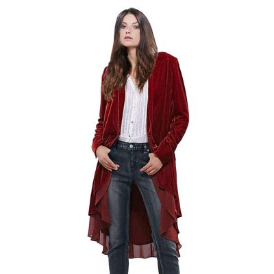 Women Ruffled Asymmetric Long Velvet Blazers Coat Casual JacketsWine-S