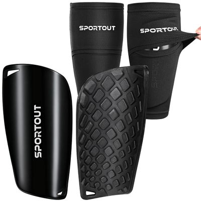 Sportout Soccer Shin Guards - Shin Guards Soccer Kids Youth Adult Protective Shin Pads with Sleeves and Insert Pocket for Boys Girls for Age 4-6, 6-8, 8-10,10-12,12-14,14-Adult (Black-1, S)