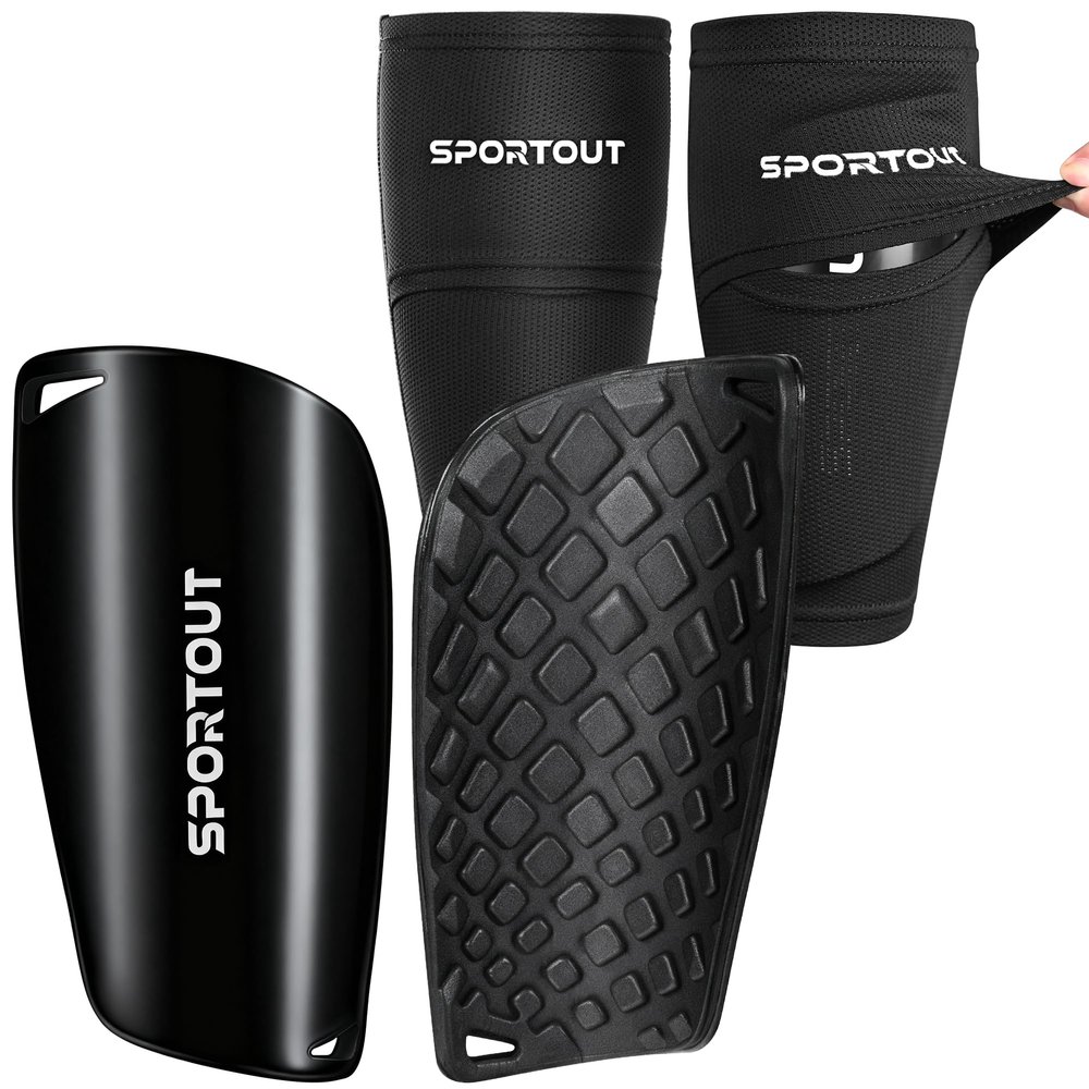 Sportout Soccer Shin Guards - Shin Guards Soccer Kids Youth Adult Protective Shin Pads with Sleeves and Insert Pocket for Boys Girls for Age 4-6, 6-8, 8-10,10-12,12-14,14-Adult (Black-1, S)