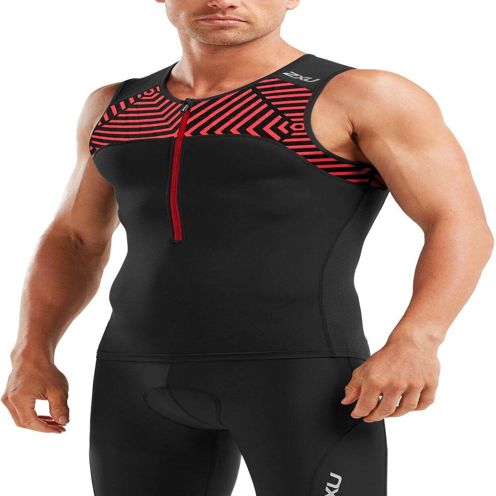 2XU Men's Active Tri Singlet (Black/Flame Scarlet Print, Small)