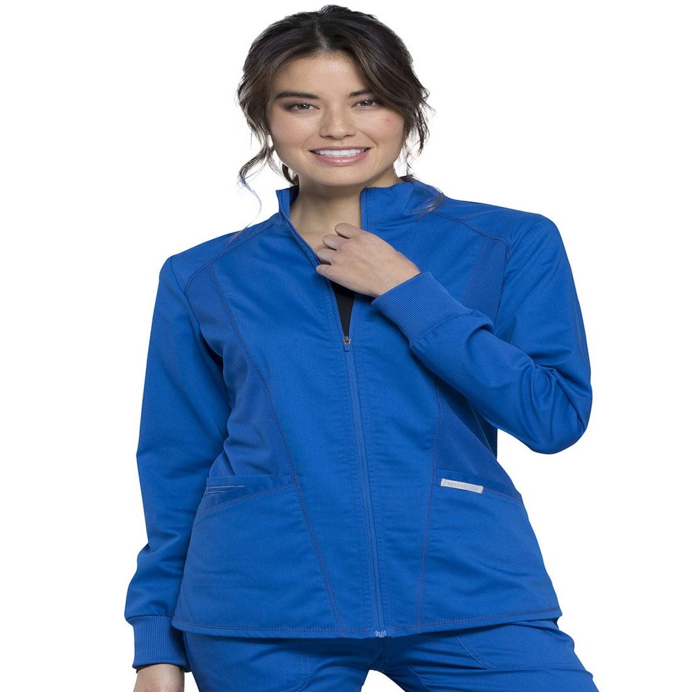 Cherokee Scrub Jacket for Women Zip Front High-Low Medical Uniform, 3 Pockets, Mesh Detail, Ultra Soft 2-Way Stretch Plus Size - WW301, 4XL, Royal