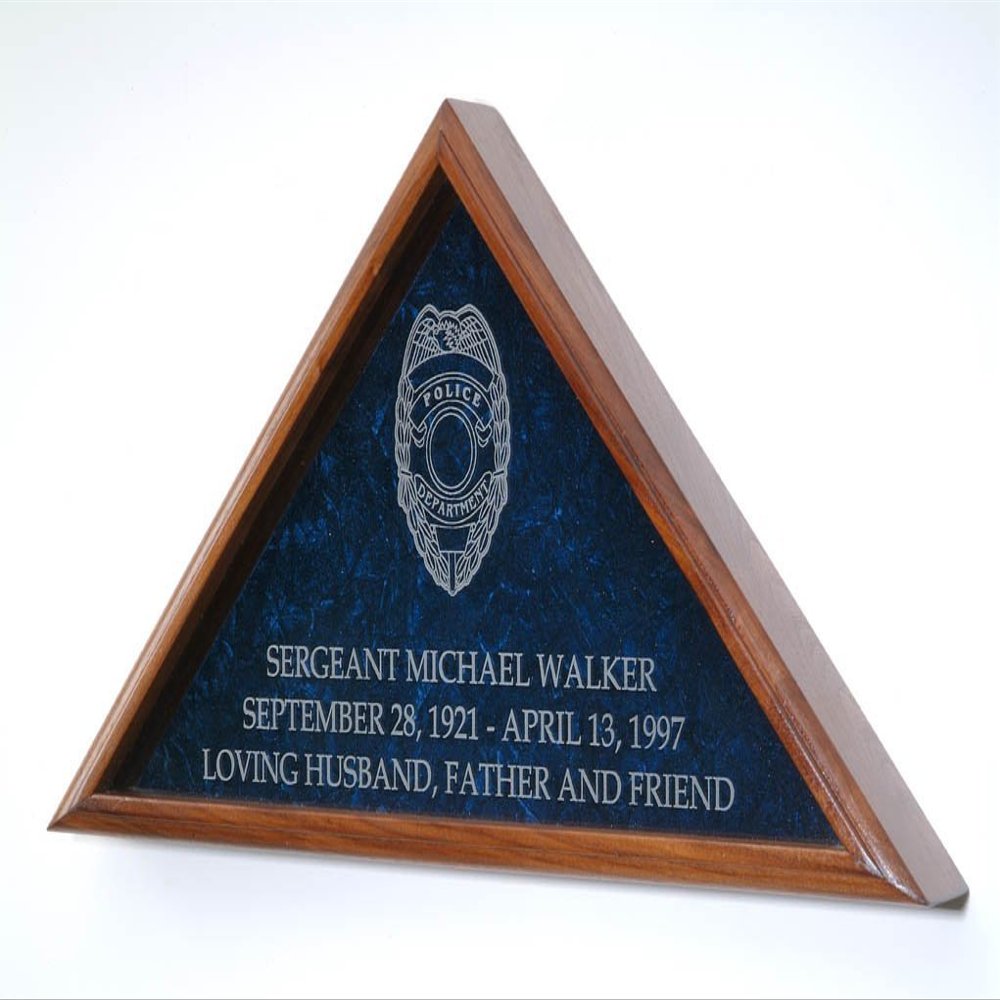 Large Flag Display Case With Engraved Law Enforcement Emblem double strength glass is laser engraved your choice of Law Enforcement badges.