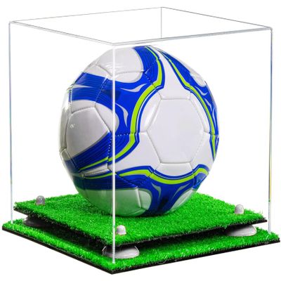 Better Display Cases Acrylic Display Case for Collectibles, Full Size Soccer Ball Display Case, White Risers & Turf Base, Handcrafted Showcase Box.DIM;9.75" L x 9.75" W x 9.75" H.(A027-WR)