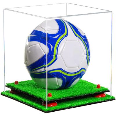 Better Display Cases Acrylic Display Case for Collectibles, Full Size Soccer Ball Display Case, Red Risers & Turf Base, Handcrafted Showcase Box.DIM;9.75" L x 9.75" W x 9.75" H. (A027-RR)