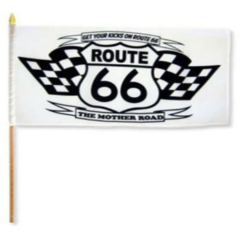 12''x18'' Wholesale Lot of 12 Route 66 White Two Flags Stick Flag wood Staff - Bright Color UV Resistant - Prime Outside Garden Cave Home Decor