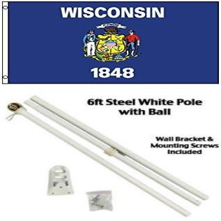 Moon 2x3 2x3 State of Wisconsin Flag White Pole Kit Gold Ball Top - Bright Color UV Resistant - Prime Outside Garden Cave Home Decor