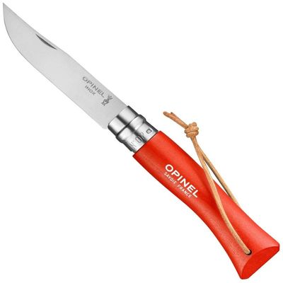 Opinel Colorama No.07 Folding Pocket Knife, Painted Wood Handles, Leather Lanyard (Orange)