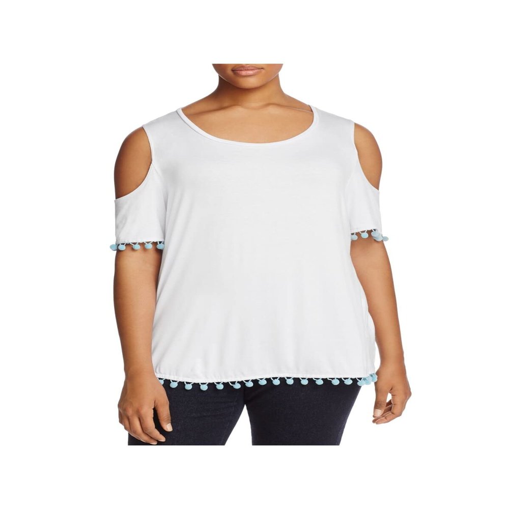 Alison Andrews Womens Plus Pom Pom Trim Cold Shoulder Casual Top White 2X