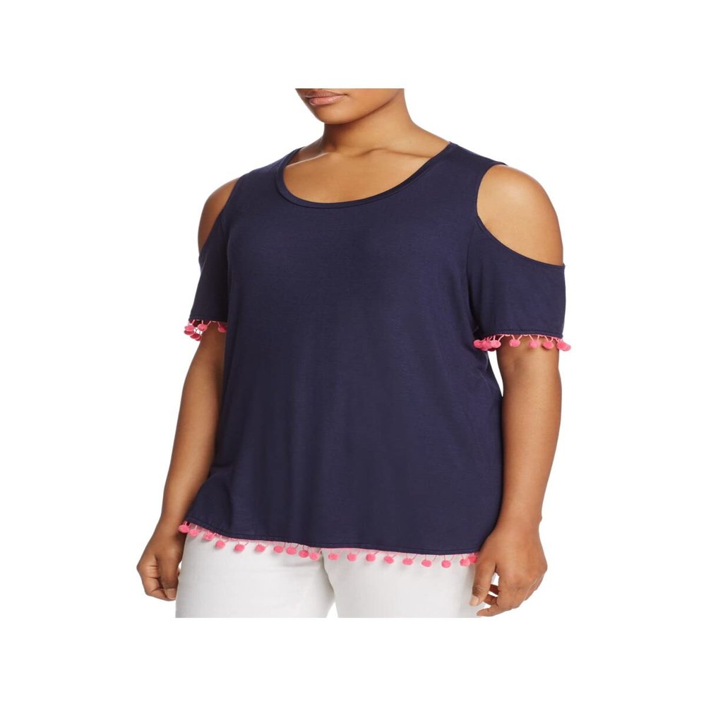 Alison Andrews Womens Plus Pom Pom Trim Cold Shoulder Casual Top Navy 2X