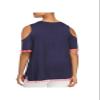 Alison Andrews Womens Plus Pom Pom Trim Cold Shoulder Casual Top Navy 2X view 2