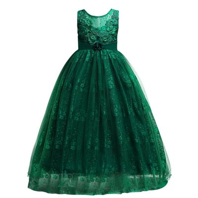 Flower Girl Embroidery Beaded Lace Long Pageant Princess Dresses Kids Prom Birthday Wedding Junior Bridesmaid Tulle Maxi Gown Big Girls First Communion Ball Party Dresses Green 7-8 Years
