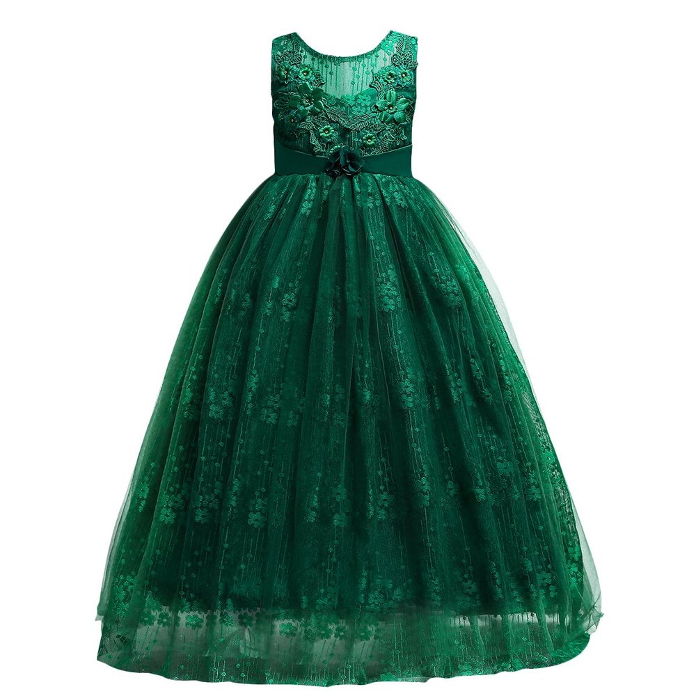 Flower Girl Embroidery Beaded Lace Long Pageant Princess Dresses Kids Prom Birthday Wedding Junior Bridesmaid Tulle Maxi Gown Big Girls First Communion Ball Party Dresses Green 7-8 Years