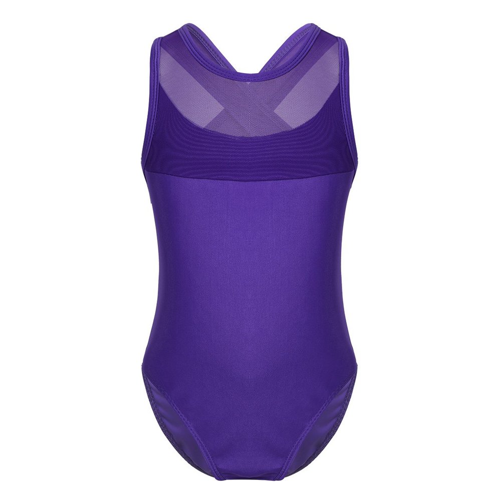 Agoky Girls' Mesh Splice Crisscross Cut Out Back Gymnastics Leotard Ballet Dance Top Athletic Shirt Dancewear Costume Purple 3-4 Years
