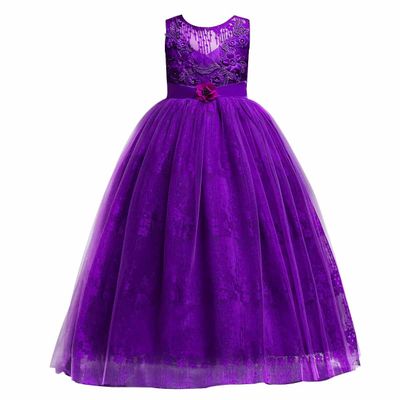 Flower Girl Embroidery Beaded Lace Long Pageant Princess Dresses Kids Prom Birthday Wedding Junior Bridesmaid Tulle Maxi Gown Big Girls First Communion Ball Party Dresses Purple 12-13 Years