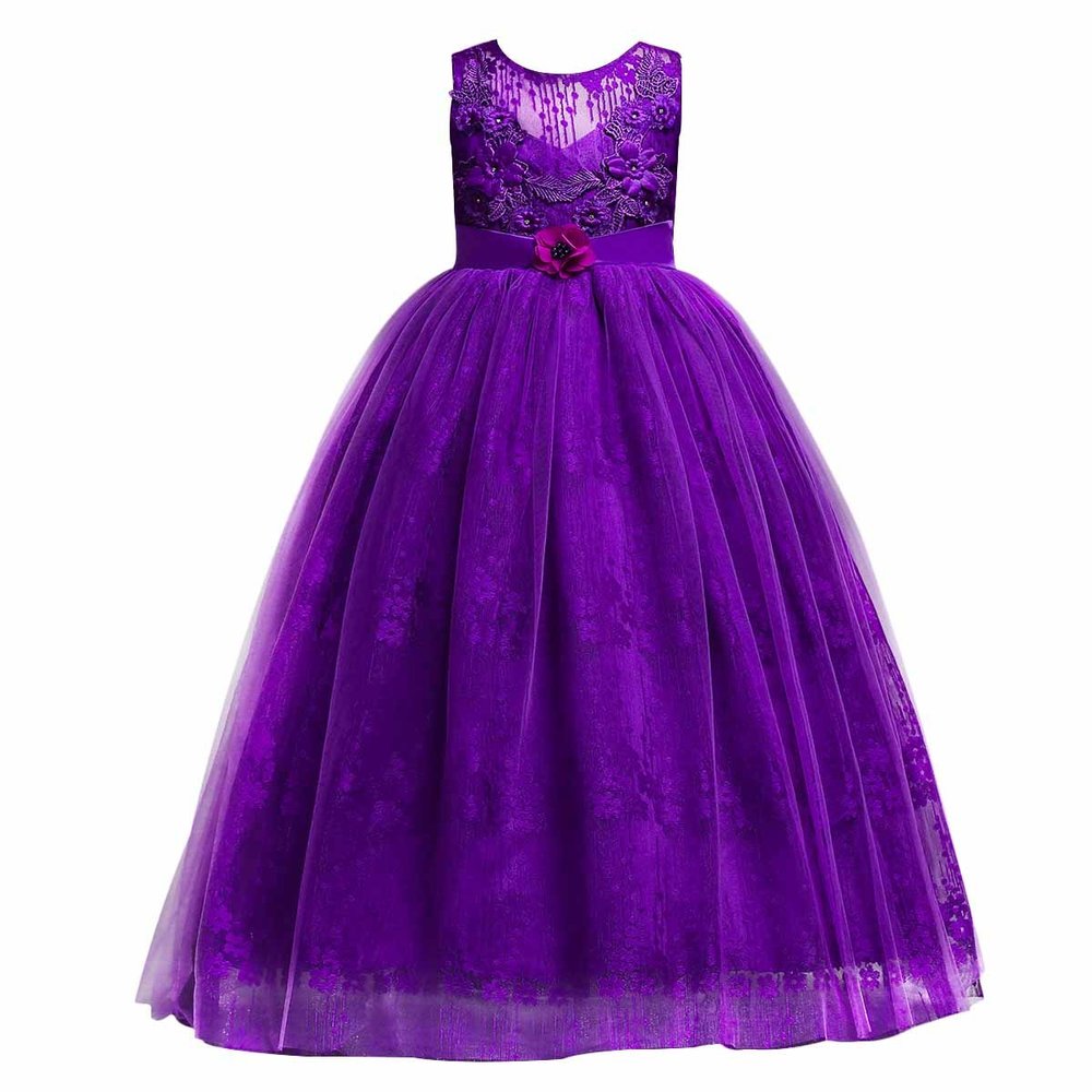 Flower Girl Embroidery Beaded Lace Long Pageant Princess Dresses Kids Prom Birthday Wedding Junior Bridesmaid Tulle Maxi Gown Big Girls First Communion Ball Party Dresses Purple 12-13 Years