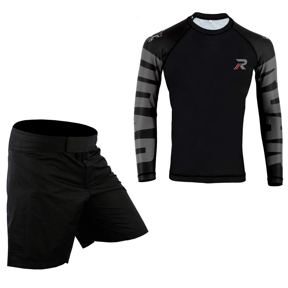 Roar No Gi Wear MMA Rash Guards & MMA Shorts Set BJJ Grappling Jitsu Training (Pro-Series-Black, Small)