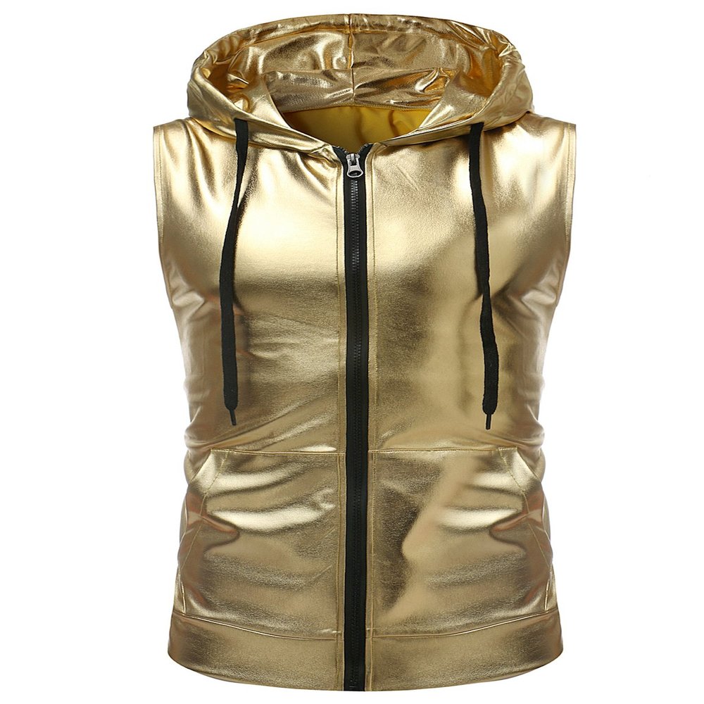 ZEROYAA Mens Hipster Metallic Zip Up Sleeveless Hooded Vest T Shirt with Kangaroo Pocket Z86 Gold Large