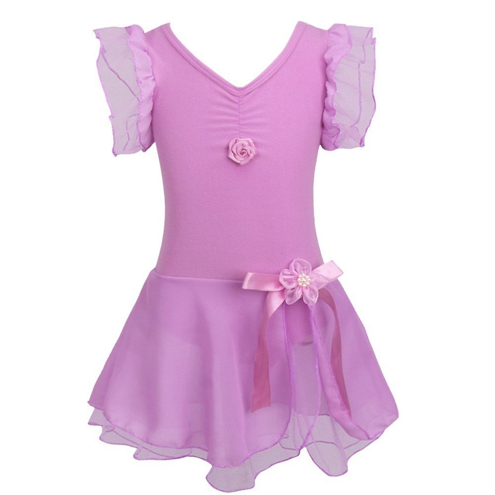 Agoky Kids Girls Flutter Short Sleeve Ballet DanceTutu Dress Gymnastics Leotard Purple 2-3