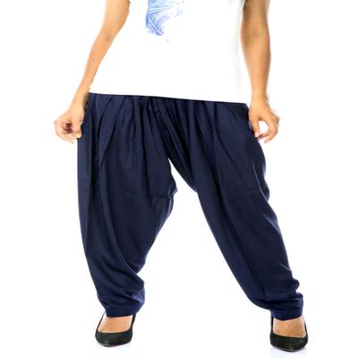 Womens Plain Navy Blue Rayon Salwar Pants with Pocket & Elastic Waist Closure Indian Yoga Kurti Pants