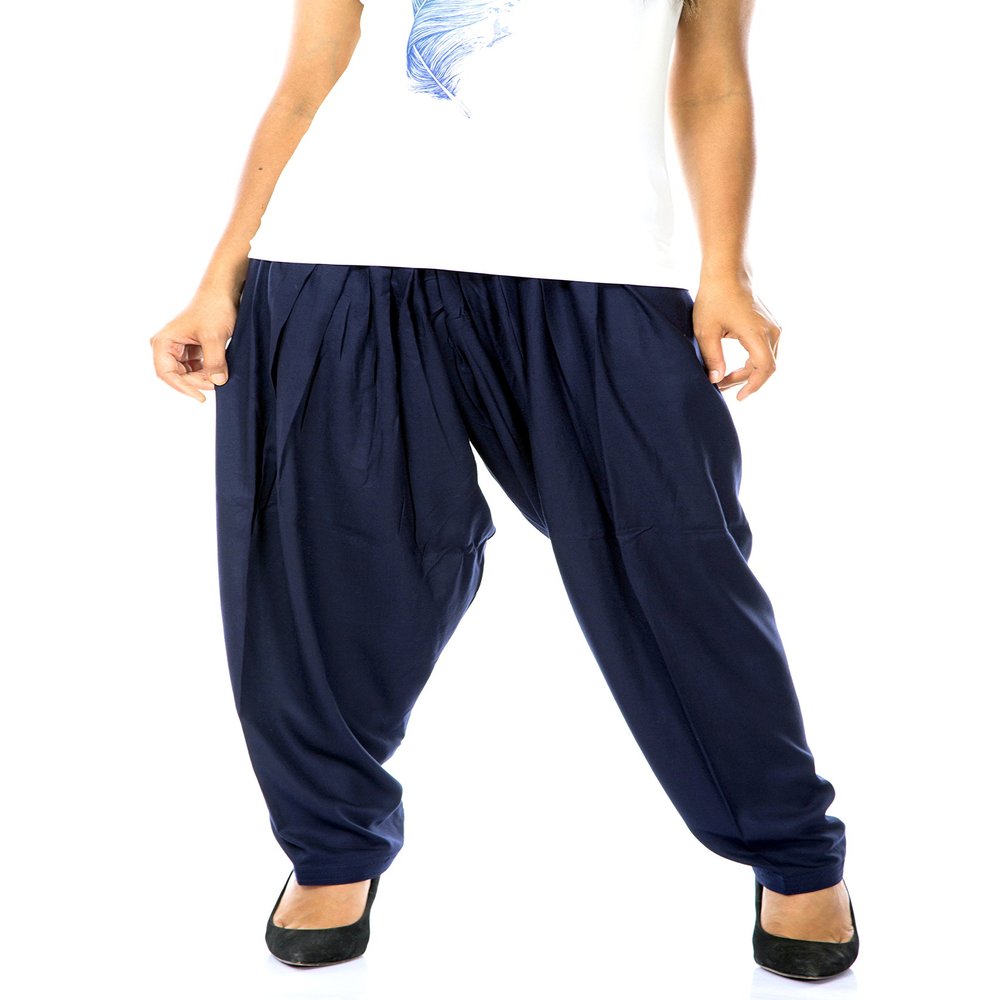 Womens Plain Navy Blue Rayon Salwar Pants with Pocket & Elastic Waist Closure Indian Yoga Kurti Pants