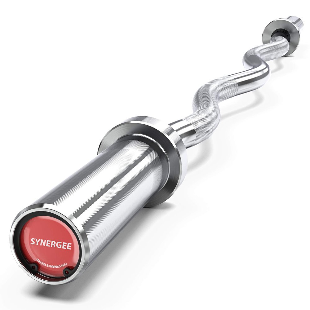 Synergee Commercial EZ Curl Olympic Bar Chrome with Powder Coated Brass Bushings Excellent for Bicep Curls and Triceps Extensions