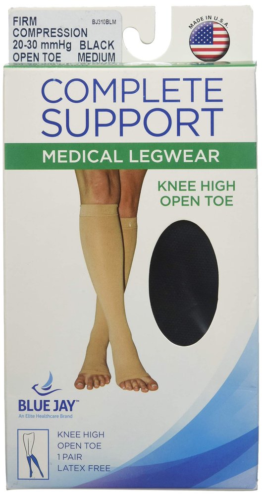 Blue Jay An Elite Healthcare Brand Firm Surgical Weight Stockings 20-30 mmHg Below Knee Open Toe, Black, Medium, 0.15 Pound
