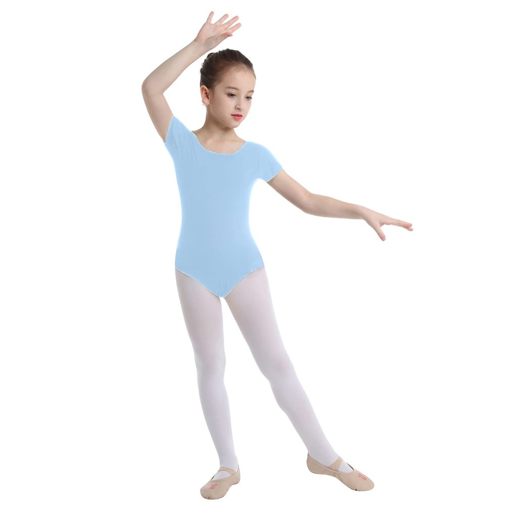 Agoky Kids Girls Classic Cotton Short Sleeve Gymnastic Leotard Ballet Dance Unitard Biketard Athletic Shirt Top Yoga Bodysuit Blue 6 Years