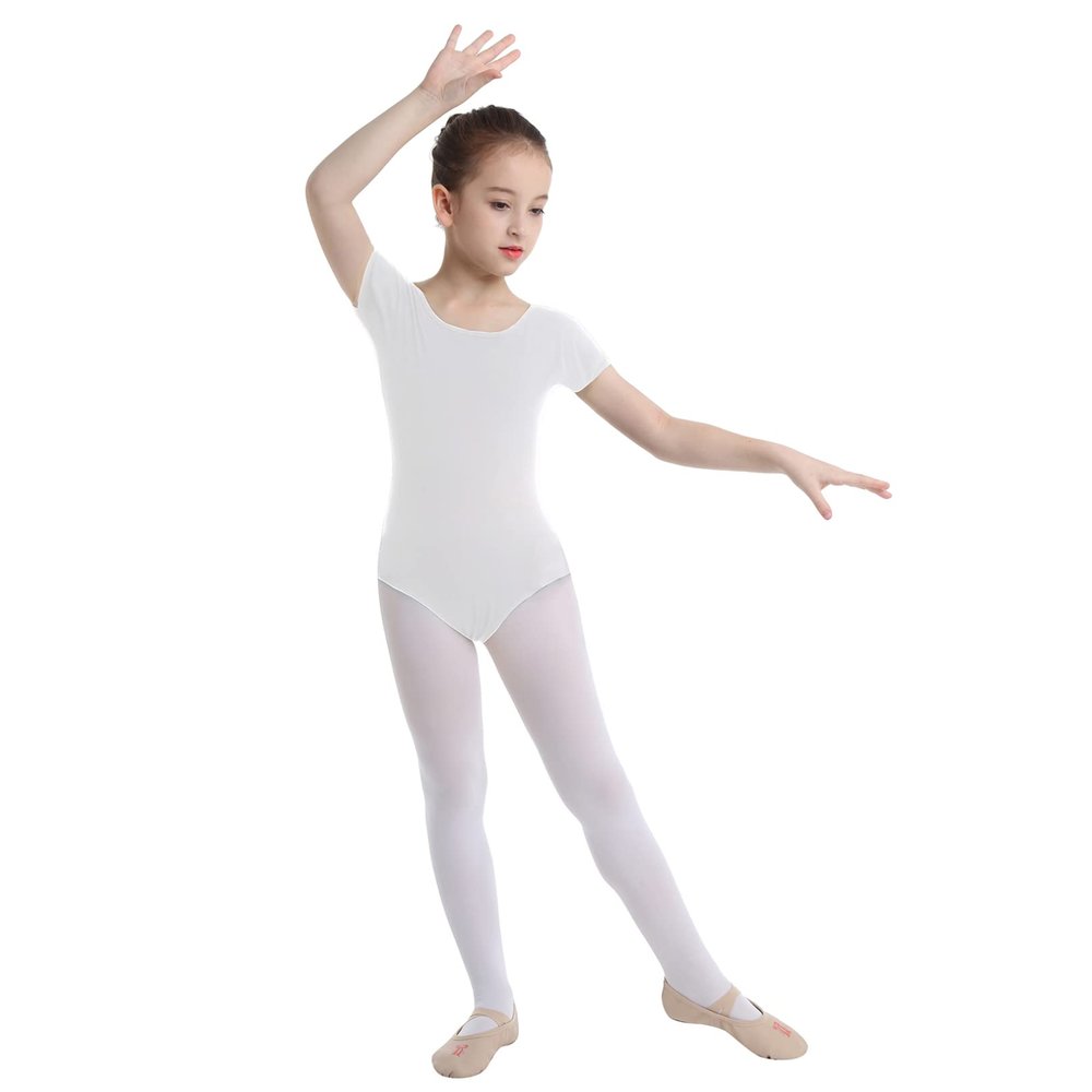 Agoky Kids Girls Classic Cotton Short Sleeve Gymnastic Leotard Ballet Dance Unitard Biketard Athletic Shirt Top Yoga Bodysuit White 6 Years