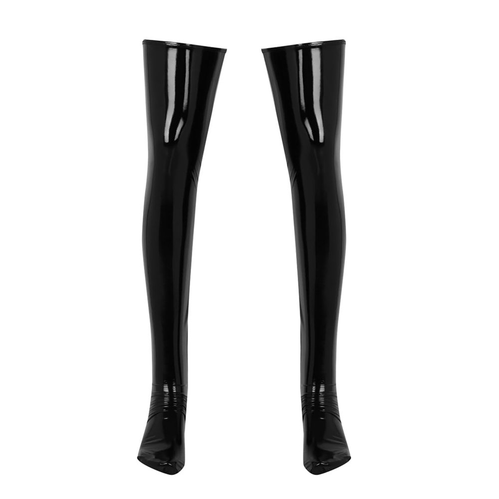Alvivi Men's Wet Look Faux Leather Thigh High Stockings Shinny Metallic Clubwear Cosplay Costume Black Large