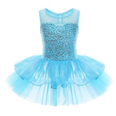 Agoky Girls Sequined Sleeveless Ballet Dance Leotard Tutu Skirted Dress Costumes Blue 5-6