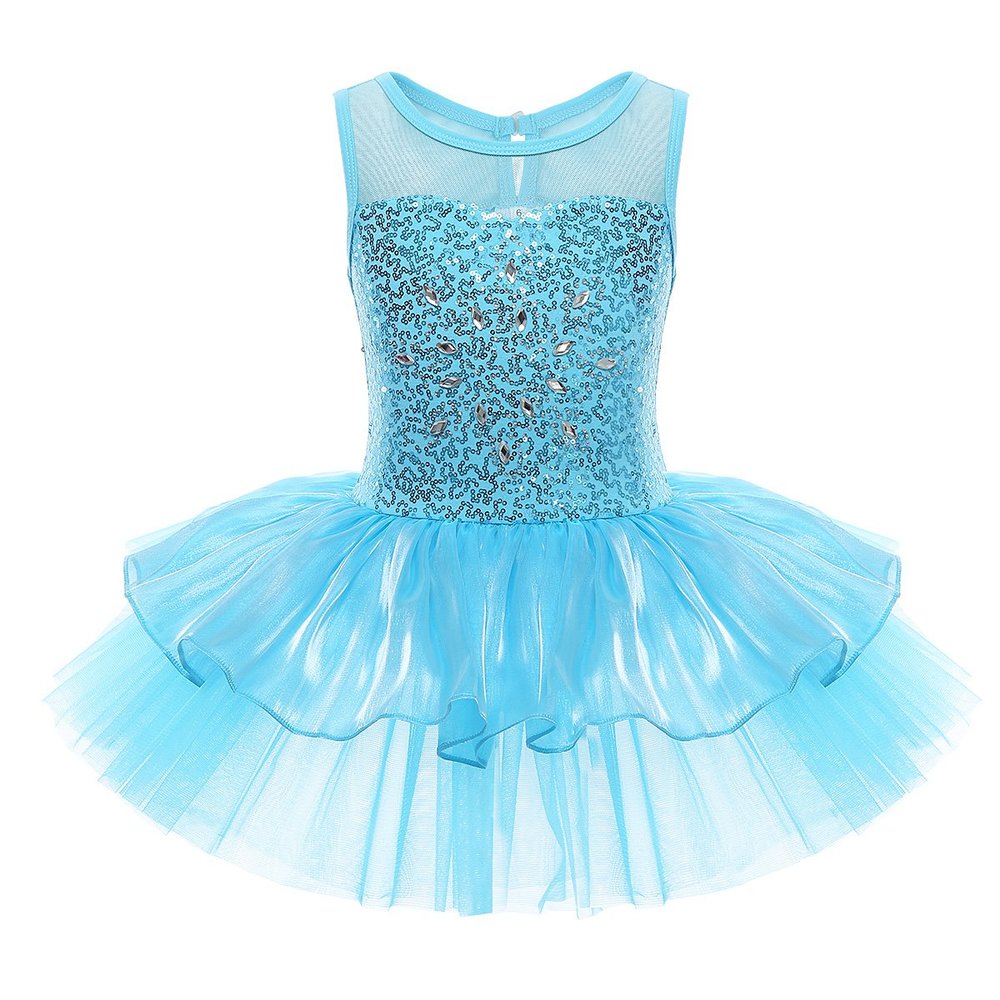 Agoky Girls Sequined Sleeveless Ballet Dance Leotard Tutu Skirted Dress Costumes Blue 5-6