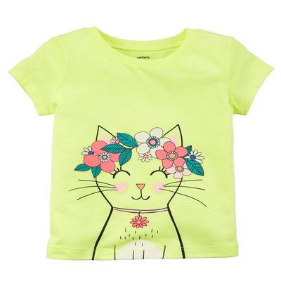 Carter's Girls' 2T-8 Short Sleeve Summer Tees (6 Months, Neon/Kitty)