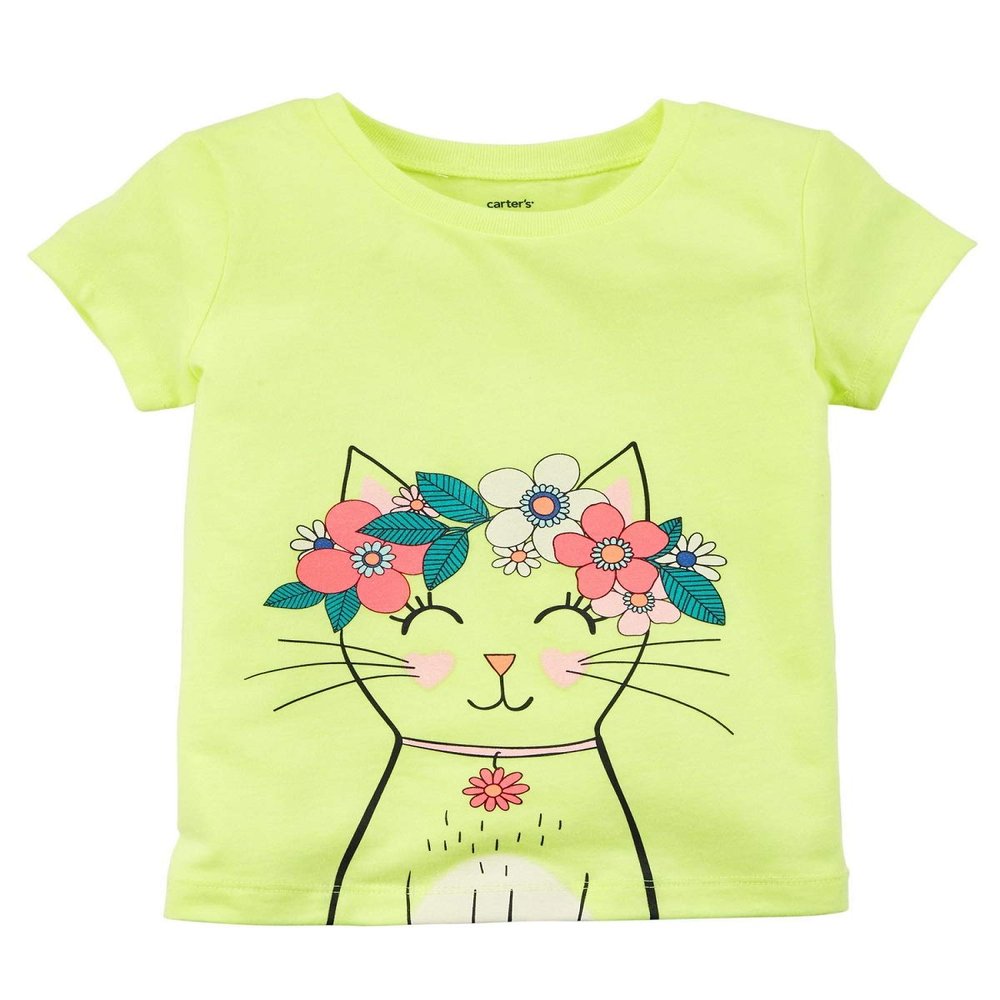 Carter's Girls' 2T-8 Short Sleeve Summer Tees (6 Months, Neon/Kitty)