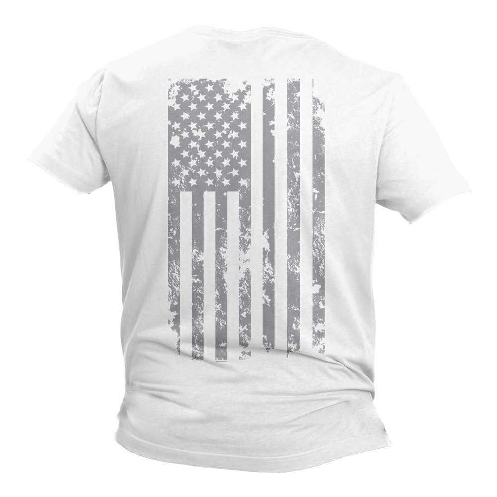 Haase Unlimited Silver American Flag - USA Patriotic Freedom Men's T-Shirt (White - Back Print, Large)