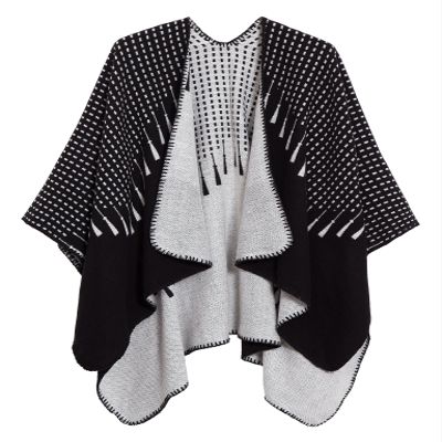 EXCHIC Womens Retro Warm Shawls Poncho Cape Floral Printed Open Front Cardigans Sweater (2 Black)