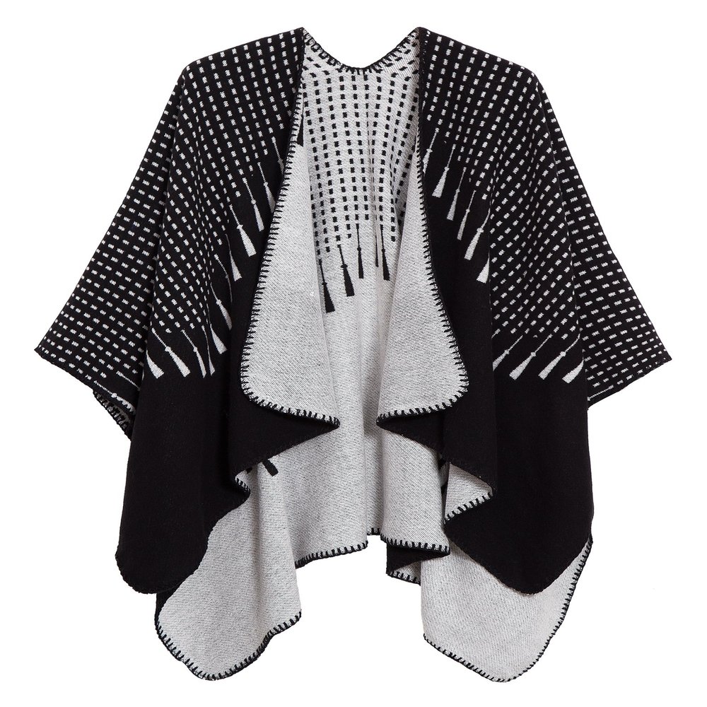 EXCHIC Womens Retro Warm Shawls Poncho Cape Floral Printed Open Front Cardigans Sweater (2 Black)