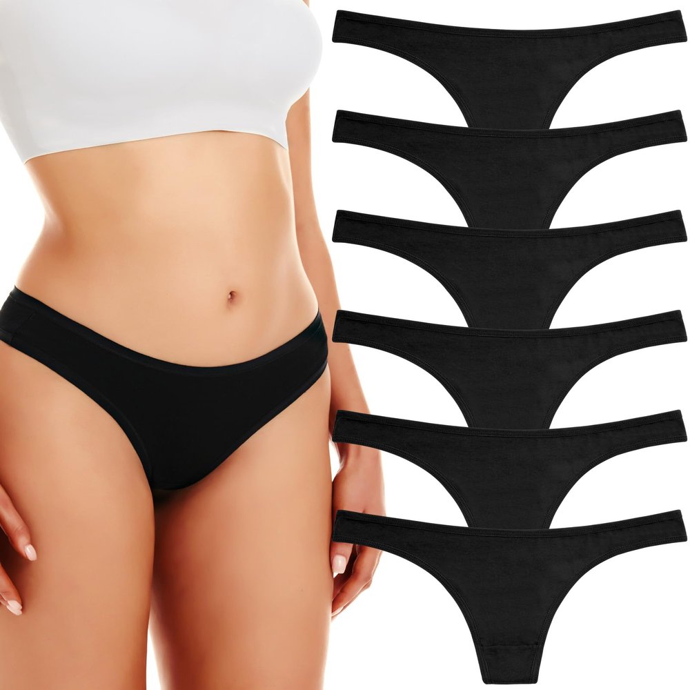 ANZERMIX Women's Breathable Cotton Thong Panties Pack of 6 (Black-6PK, Medium)