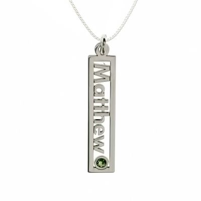 AJ's Collection Personalized Rectangle Open Name Sterling Silver Necklace With Birthstone Setting. Customized Name Charm, Choice of 925 Chain