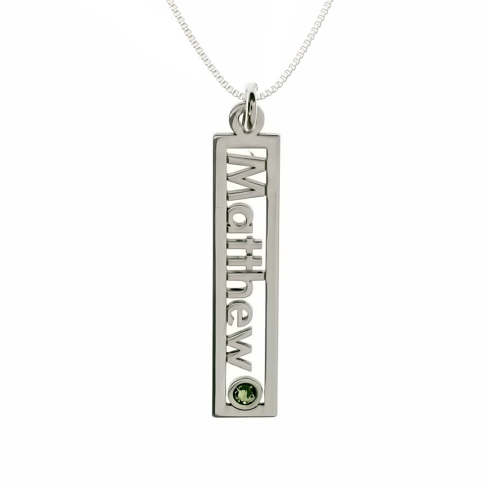 AJ's Collection Personalized Rectangle Open Name Sterling Silver Necklace With Birthstone Setting. Customized Name Charm, Choice of 925 Chain