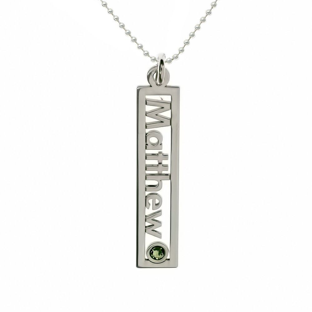 AJ's Collection Personalized Rectangle Open Name Sterling Silver Necklace With Birthstone Setting. Customized Name Charm, Choice of 925 Chain