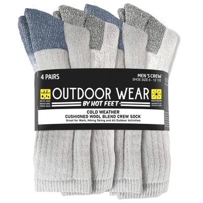 HOT FEET 4 Pack Work Socks for Men & Women - Breathable Boot Hiking Socks, Moisture Wicking Thick Wool Socks, Sizes 6-12.5, Man, Gray & Blue