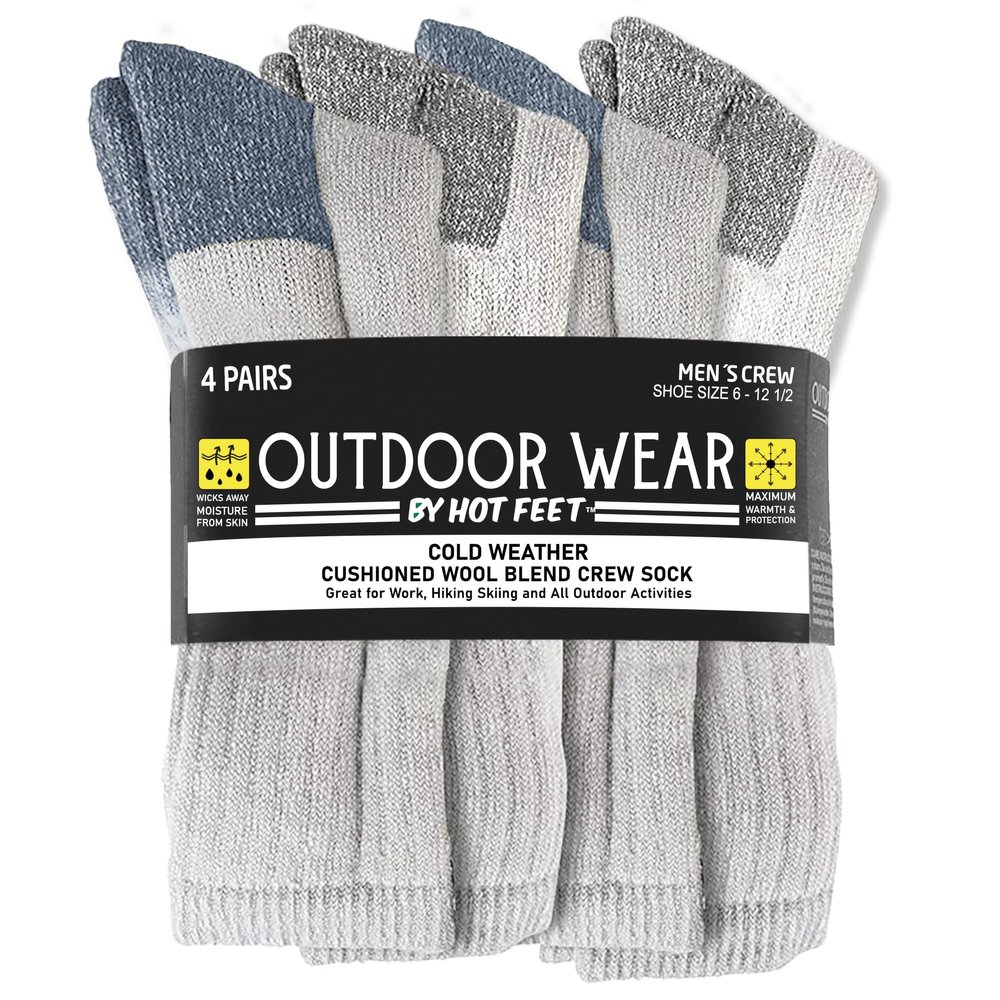 HOT FEET 4 Pack Work Socks for Men & Women - Breathable Boot Hiking Socks, Moisture Wicking Thick Wool Socks, Sizes 6-12.5, Man, Gray & Blue