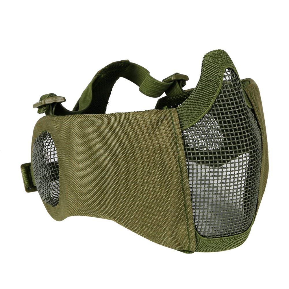 AOUTACC Airsoft Mesh Mask, Half Face Mesh Masks with Ear Protection for CS/Hunting/Paintball/Shooting (Mesh Ear, OD)
