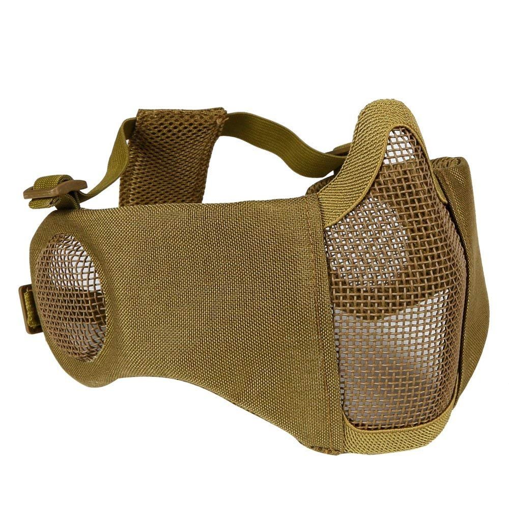 AOUTACC Airsoft Mesh Mask, Half Face Mesh Masks with Ear Protection for CS/Hunting/Paintball/Shooting (Mesh Ear, Tan)