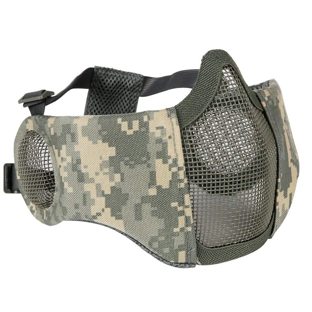 AOUTACC Airsoft Mesh Mask, Half Face Mesh Masks with Ear Protection for CS/Hunting/Paintball/Shooting (Mesh Ear, ACU)